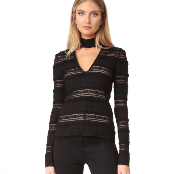 Cinq A Sept Cecily Lace Choker V-Neck Black Blouse - Picture 2 of 9